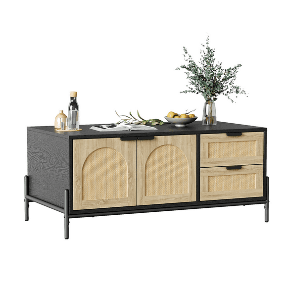 Farmhouse Rattan Coffee Table, Modern Center Table with 2 Drawers Storage Cabinet and Open Shelf, Rectangle End Table with Metal Frame for Living Room, Bedroom, Black and Oak