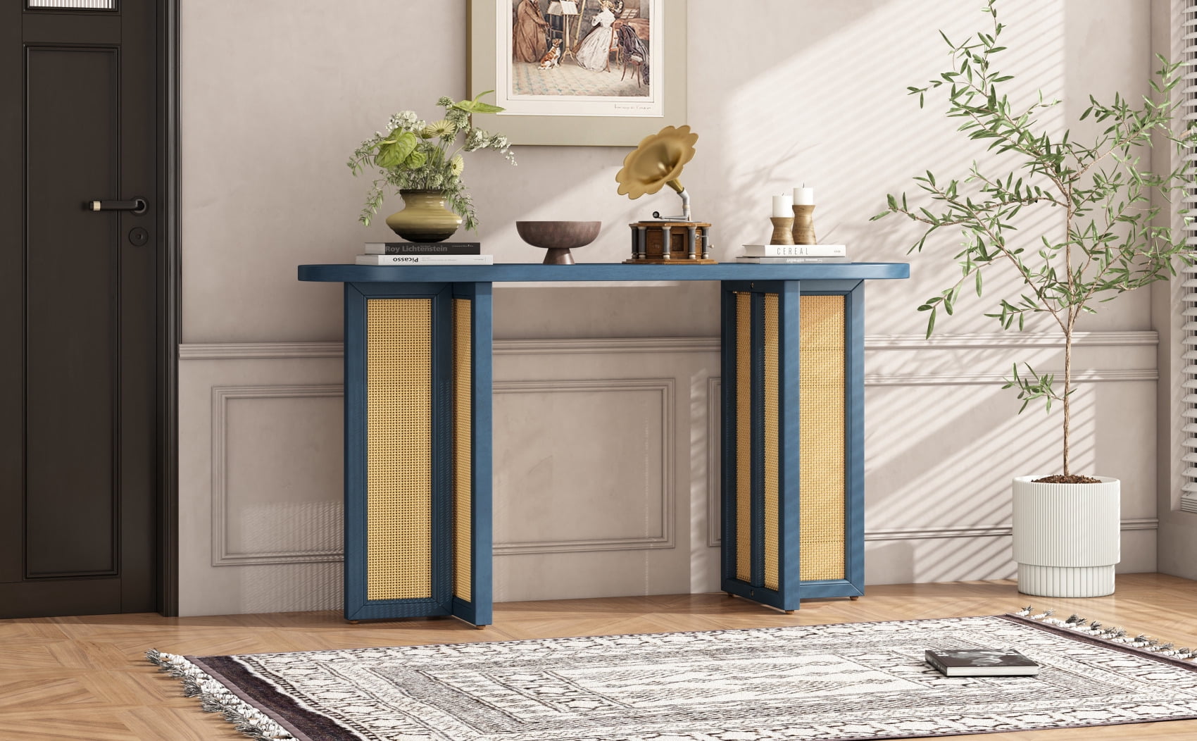 Picture of Farmhouse Rattan Console Table Entryway Table, Narrow Console Table ...