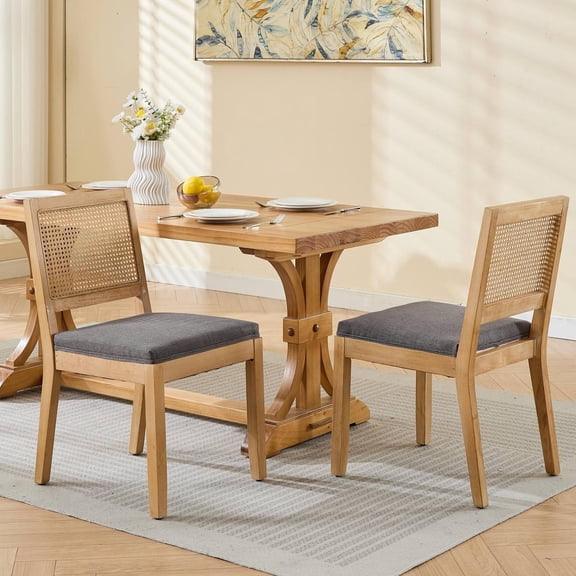 Farmhouse Rattan Dining Chairs Set of 2, Mid Century Modern Kitchen & Dining Room Chairs, Cane Upholstered Kitchen Side Chair with Natural Hardwood Frame, Gray