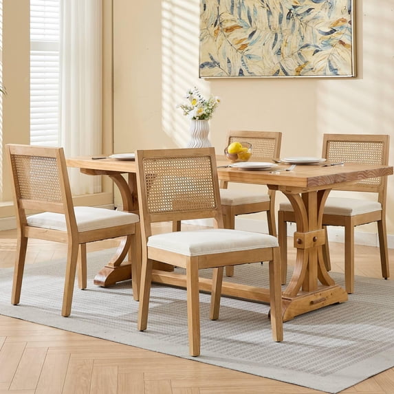 Farmhouse Rattan Dining Chairs Set of 4, Mid Century Modern Kitchen & Dining Room Chairs, Cane Upholstered Kitchen Side Chair with Natural Hardwood Frame, Beige