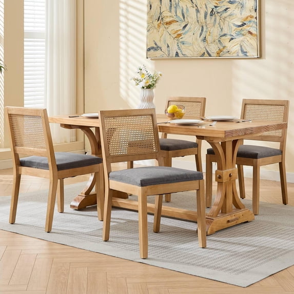 Farmhouse Rattan Dining Chairs Set of 4, Mid Century Modern Kitchen & Dining Room Chairs, Cane Upholstered Kitchen Side Chair with Natural Hardwood Frame, Gray