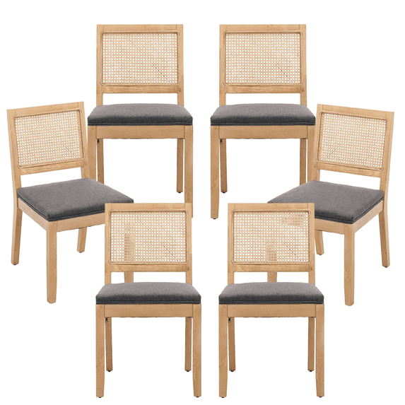 Farmhouse Rattan Dining Chairs Set of 6, Mid Century Modern Kitchen & Dining Room Chairs, Cane Upholstered Kitchen Side Chair with Natural Hardwood Frame, Gray