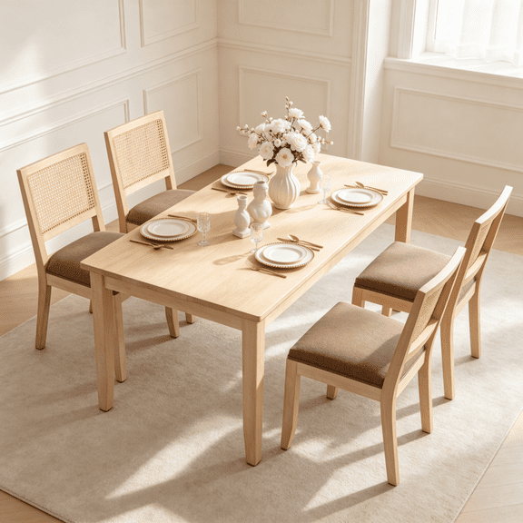 Farmhouse Rattan Dining Chairs Set of 2, Mid Century Modern Kitchen & Dining Room Chairs, Cane Low Back, with Natural Solid Wood Frame,  Tan