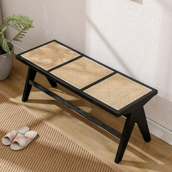 Farmhouse Rattan Entryway Bench, Wood Cane Dining Bench Long Seat with Footrest, Wicker End of Bed Storage Bench for Bedroom Living Room Dining Room Hallway, Black