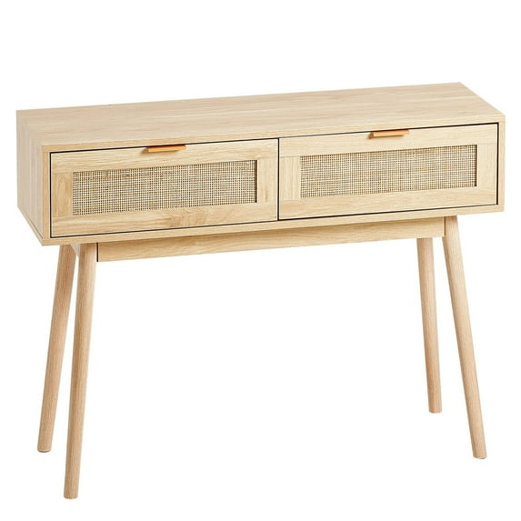 Farmhouse Rattan Entryway Table, 2-Drawer Storage Console with Woven Sliding Doors, Natural Finish