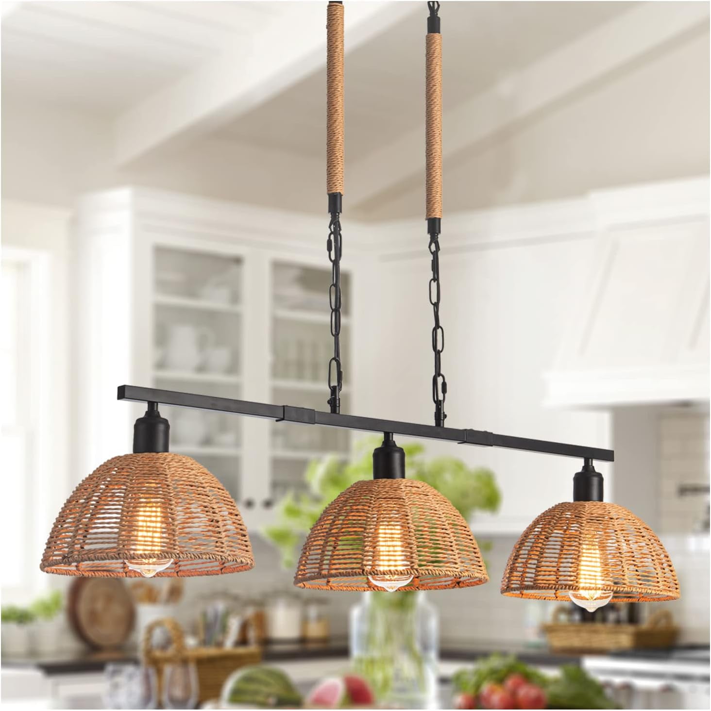Farmhouse Rattan Kitchen Island Lighting Vintage Dome Hand Woven Bamboo ...