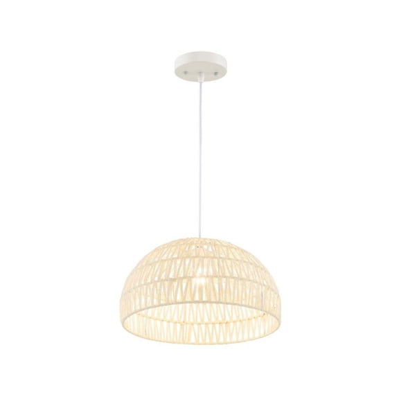 Farmhouse Rattan Pendant Light, Adjustable Rope Chandelier for Kitchen Island, Beige Paper Lampshade Ceiling Light Fixture, 17.5x10 inch, E26 Bulb Base