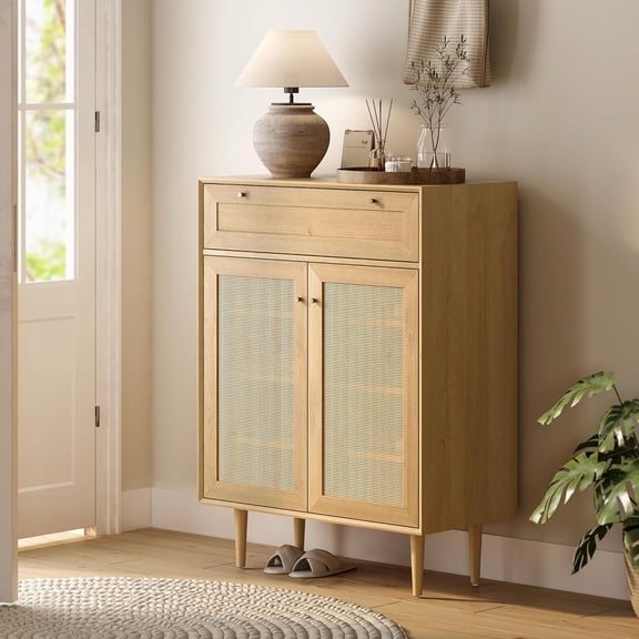 Farmhouse Rattan Shoe Cabinet Boho Shoe Storage Cabinet with 2 Doors Large Wooden Freestanding Shoe Rack Organizer with 4-Tier for Hallway, Entryway, Living Room, Natural Oak