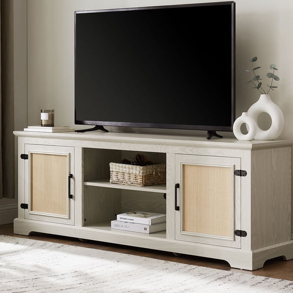 Farmhouse Rattan TV Stand Console Table for TVs up to 70 Inches, TV Console Table with 2 Storage Shelves, 2 Natural Rattan Door Cabinets, 65"W*15.55"D*23.86"H