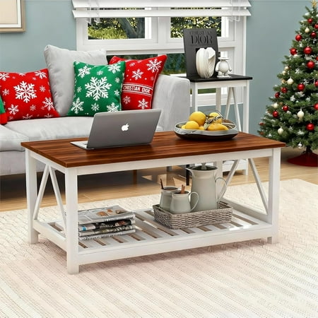 Farmhouse Rectangular Coffee Table with Slatted Shelf Storage and V-Shaped Frame, Wooden Center Table