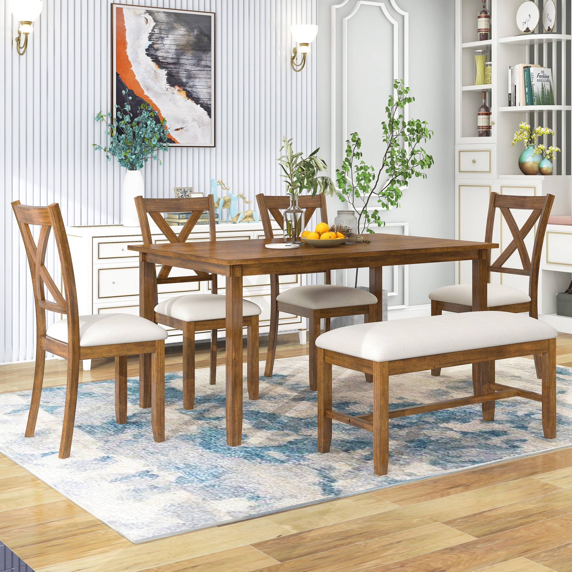 Farmhouse Rectangular Dining Table Bench and Chairs 6 Piece Wooden Kitchen Dining Room Table Set with Fabric Padded Seat and X Shaped Backrest