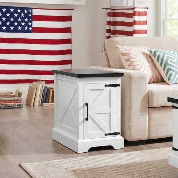 Farmhouse Rectangular End table with Barn Door and Adjustable Storage Shelf, For Living Room, Bedroom, White