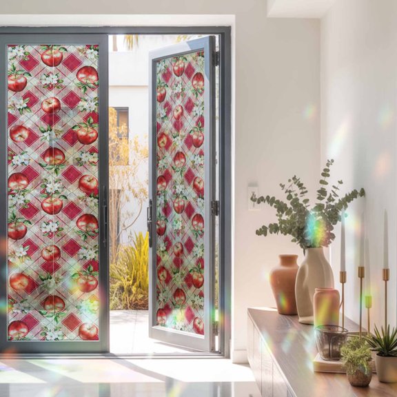 Farmhouse Red Apples White Floral Window Privacy Film, Rainbow Film Decorative Window Sticker 23.6x78.7in, Diamond Buffalo Plaid Sun Blocking Static Stained Glass Cling Tint Non-Adhesive