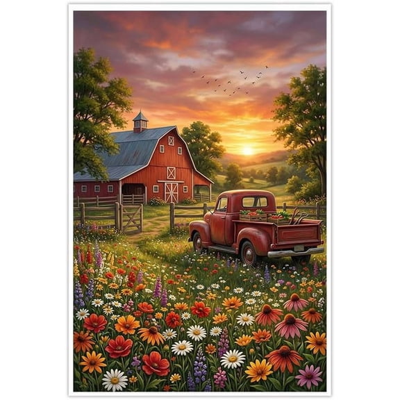 Farmhouse Red Barn Canvas Wall Art Vintage Truck in Wildflower Field Landscape Posters Country Sunset Scenery Artwork for Living Room Bedroom Home Decor Office