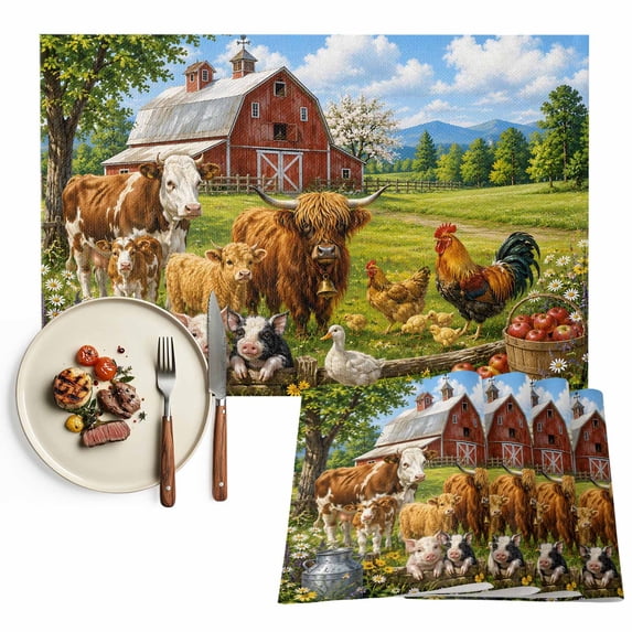 Farmhouse Red Barn Placemats Set of 4, Pig Farm Washable Wipeable Table Mats for Dining Tables, Indoor Outdoor Kitchen Place Mats for Holiday Party Table Decor