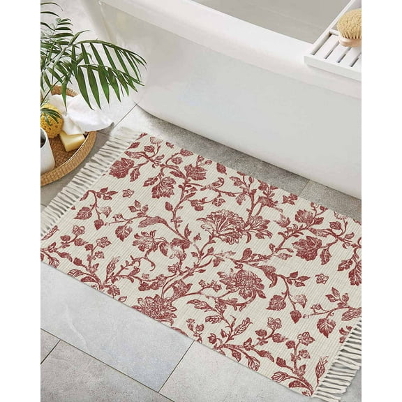 Farmhouse Red Bath Rug 2x3ft Woven Bathroom Entryway Runner Rug,Vintage Flower Leaf Botanical Plant Washable Living Room Hallway Bedroom Kitchen Carpet with Tassels,Indoor Outdoor Throw Doormat