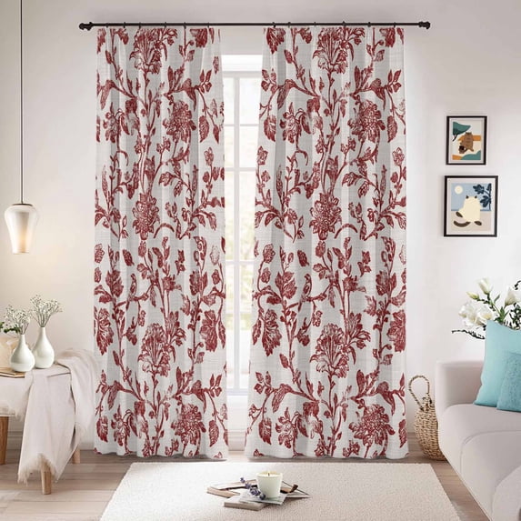 Farmhouse Red Blackout Curtains for Bedroom/Living Room, Pinch Pleated Black Out Curtains, Vintage Flower Leaf Botanical Plant Room Darkening Window Drapes with Hooks 2 Panels, 59"x70"