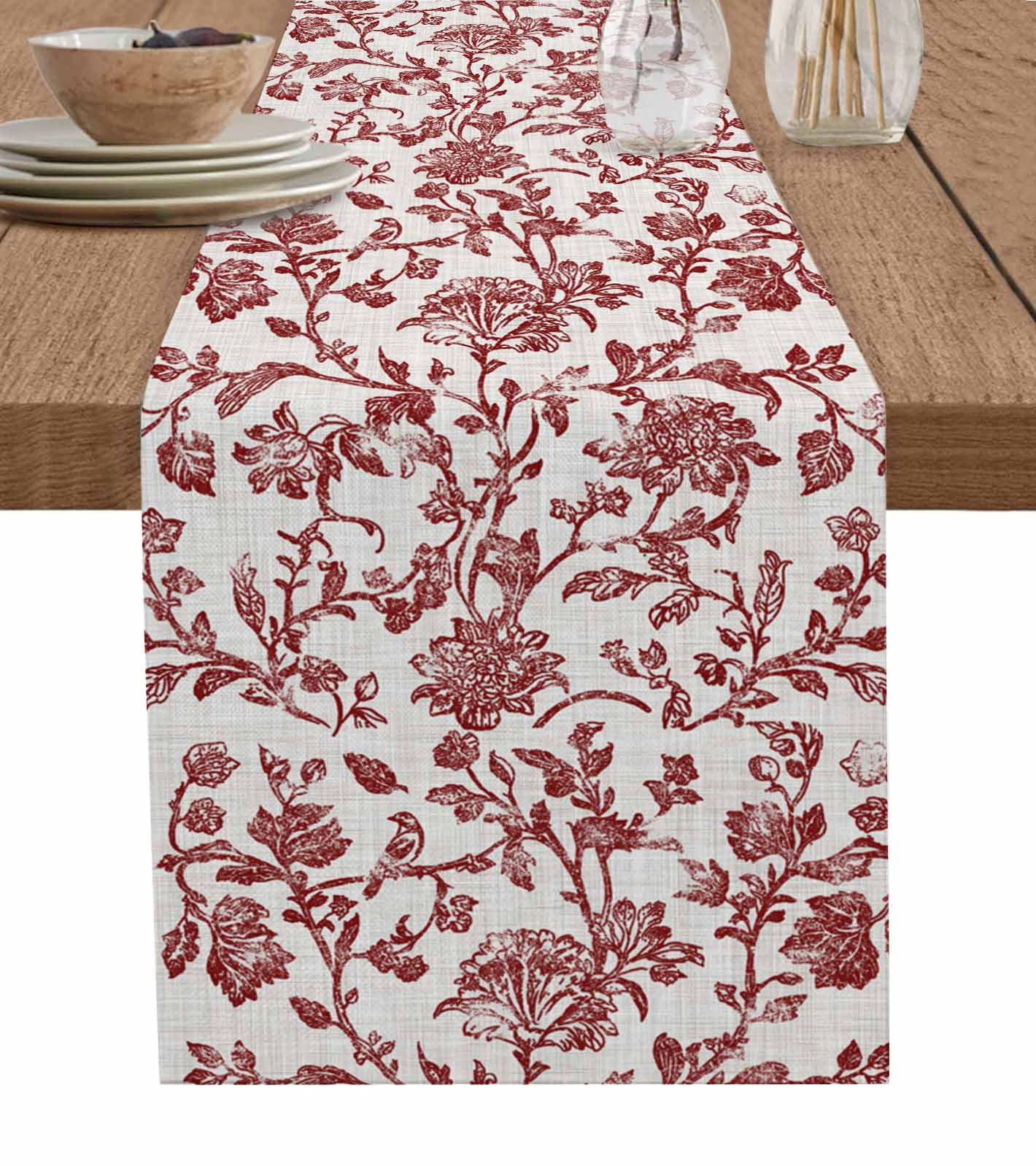 Farmhouse Red Burlap Cotton Table Runner 13x90 Inches Long, Vintage Flower Leaf Botanical Plant Farmhouse Table Runners, Outdoor Dining Tablecloths Decor for Baby Shower/Party/Wedding