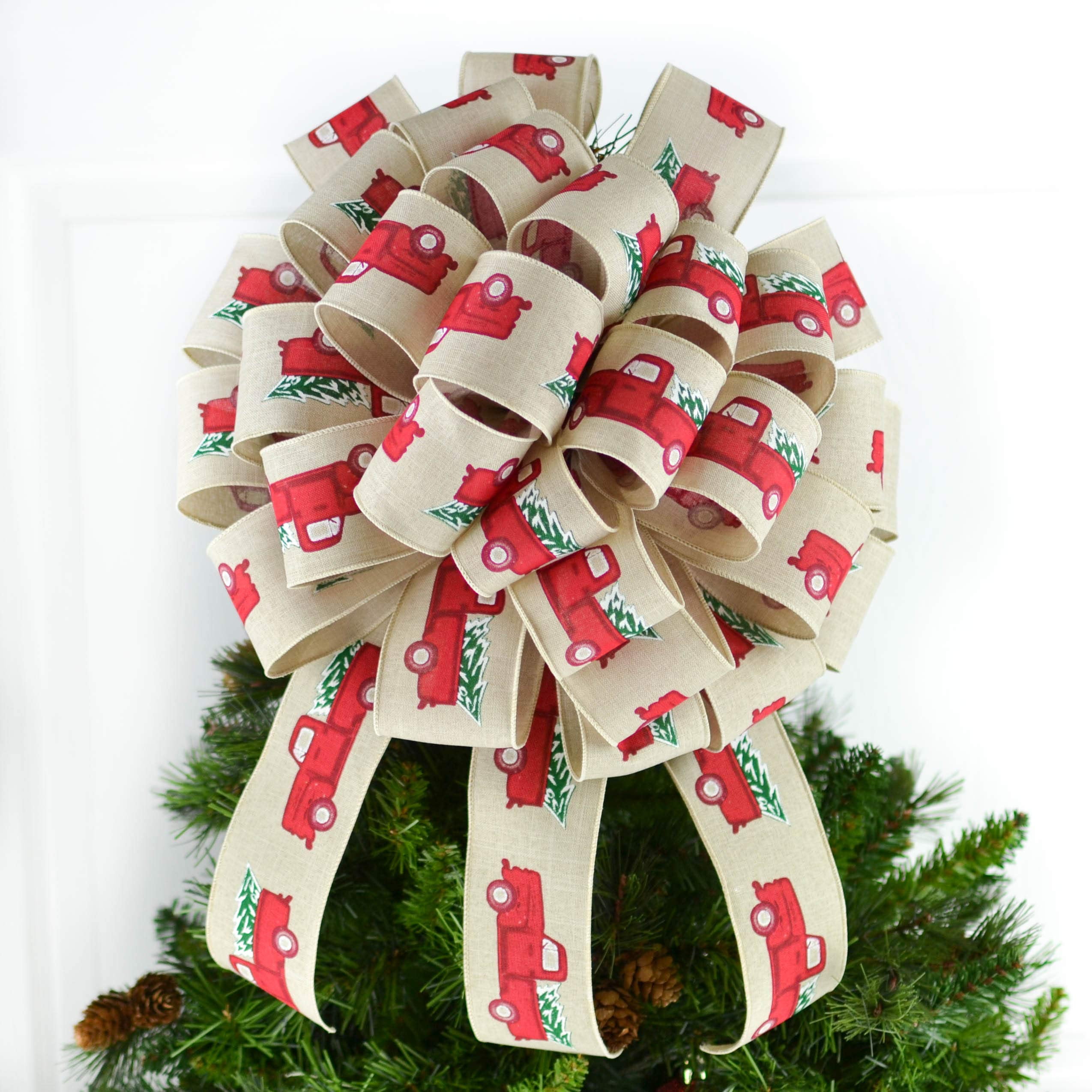 Farmhouse Red Christmas Truck Bow | Burlap Rustic Tree Topper Bow | Present Bow | : TB37