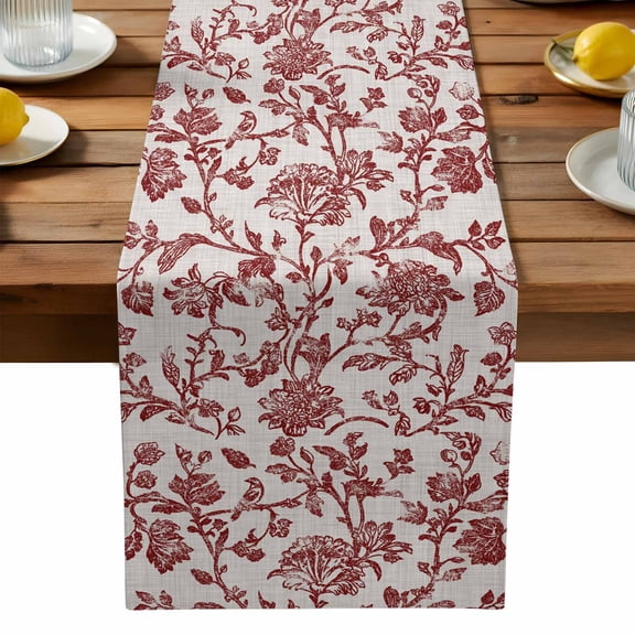 Farmhouse Red Cotton Linen Table Runner for Dining Kitchen, Vintage Flower Leaf Botanical Plant Wedding Outdoor Party Tablerunners Decoration, Dresser Scarf Coffee Tablecloth Runners 13x90 Inches