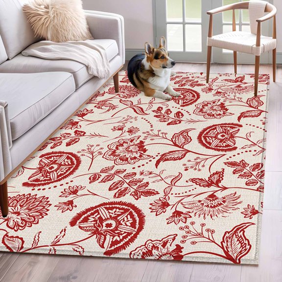 Farmhouse Red Floral 3x5 Area Rugs for Living Room, Linen Boho Flower Rustic Country Non Slip Floor Mat Washable Low-Profile Indoor Carpet for Bedroom, Dining Room, Bathroom