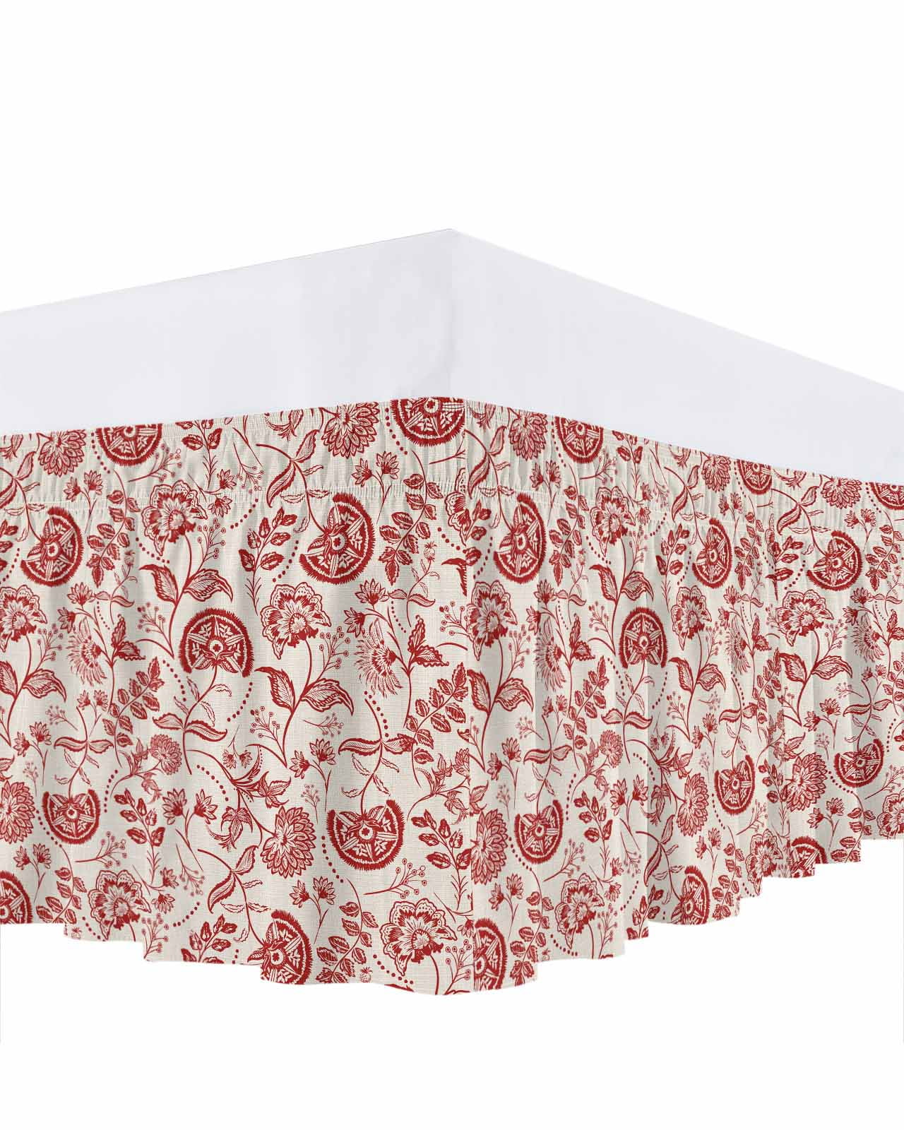 Farmhouse Red Floral Bed Skirt King Size 16 Inch Drop, Linen Boho Flower Rustic Country Adjustable Elastic Dust Ruffles Bedskirt for King Bed Wrap Around Pleated Mattress Frame Cover