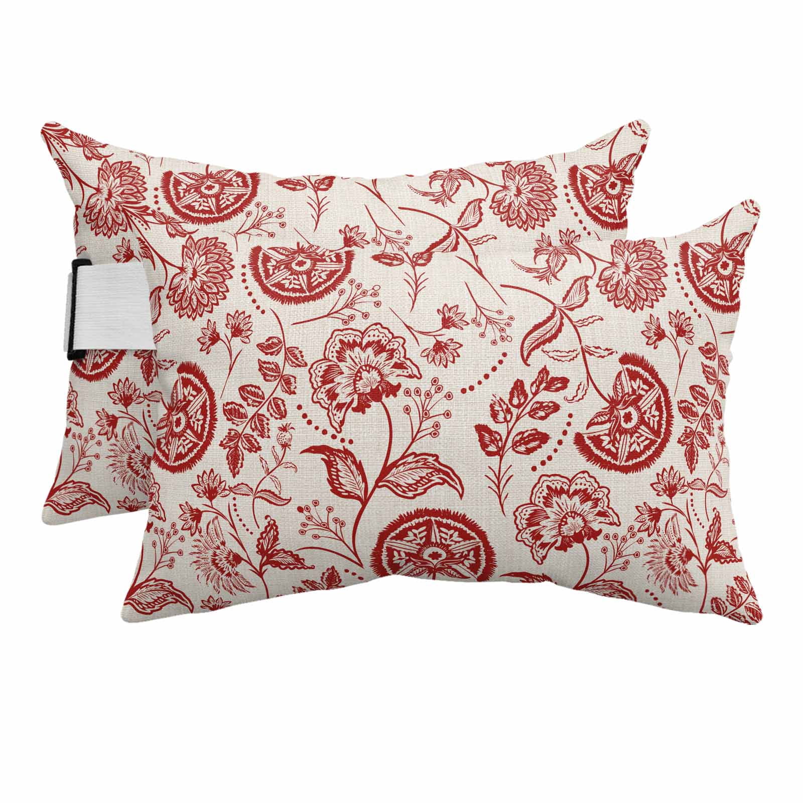 Farmhouse Red Floral Outdoor Chaise Lounge Pillows Linen Boho Flower Rustic Country Lumbar Pillows with Insert Adjustable Elastic Strap Headrest Pillow for Recliner Patio Chair 2 Pack 12x20 Inch
