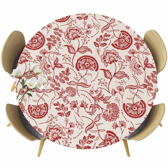 Farmhouse Red Floral Round Fitted Table Cover Linen Boho Flower Rustic Country Waterproof Table Cloth with Elastic Edge Wipeable Tablecloth for Picnic Camping Party Fits 45"-54" Diameter