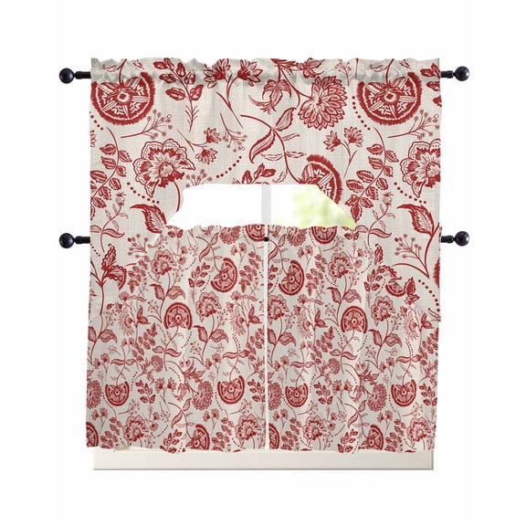 Farmhouse Red Floral Swag Valance and Tier Curtains Set Linen Boho Flower Rustic Country Kitchen Curtains 3 Piece Set Rod Pocket Panels for Bedroom Cafe Swag Valances and 36 inches Tiers
