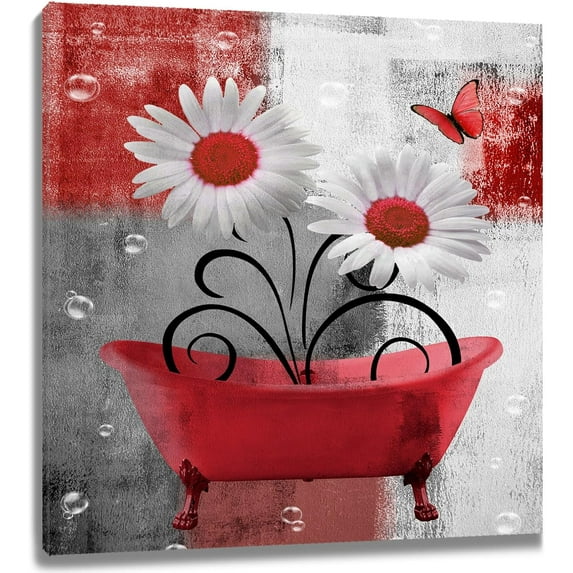 Farmhouse Red Floral Wall Art for Living Room Daisy Flower in Bathtub and Butterfly Pictures Wall Decor Grey and White Abstract Geometric Canvas Wall Art for Bathroom Home Decor,12L X 12W Inches