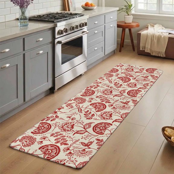 Farmhouse Red Floral Washable Runner Rug 1.4x4 ft Linen Boho Flower Rustic Country Non-Slip Hallway Runner Rug, Linen Kitchen Runner Mats, Indoor Floor Carpet for Entryway Bathroom Bedroom
