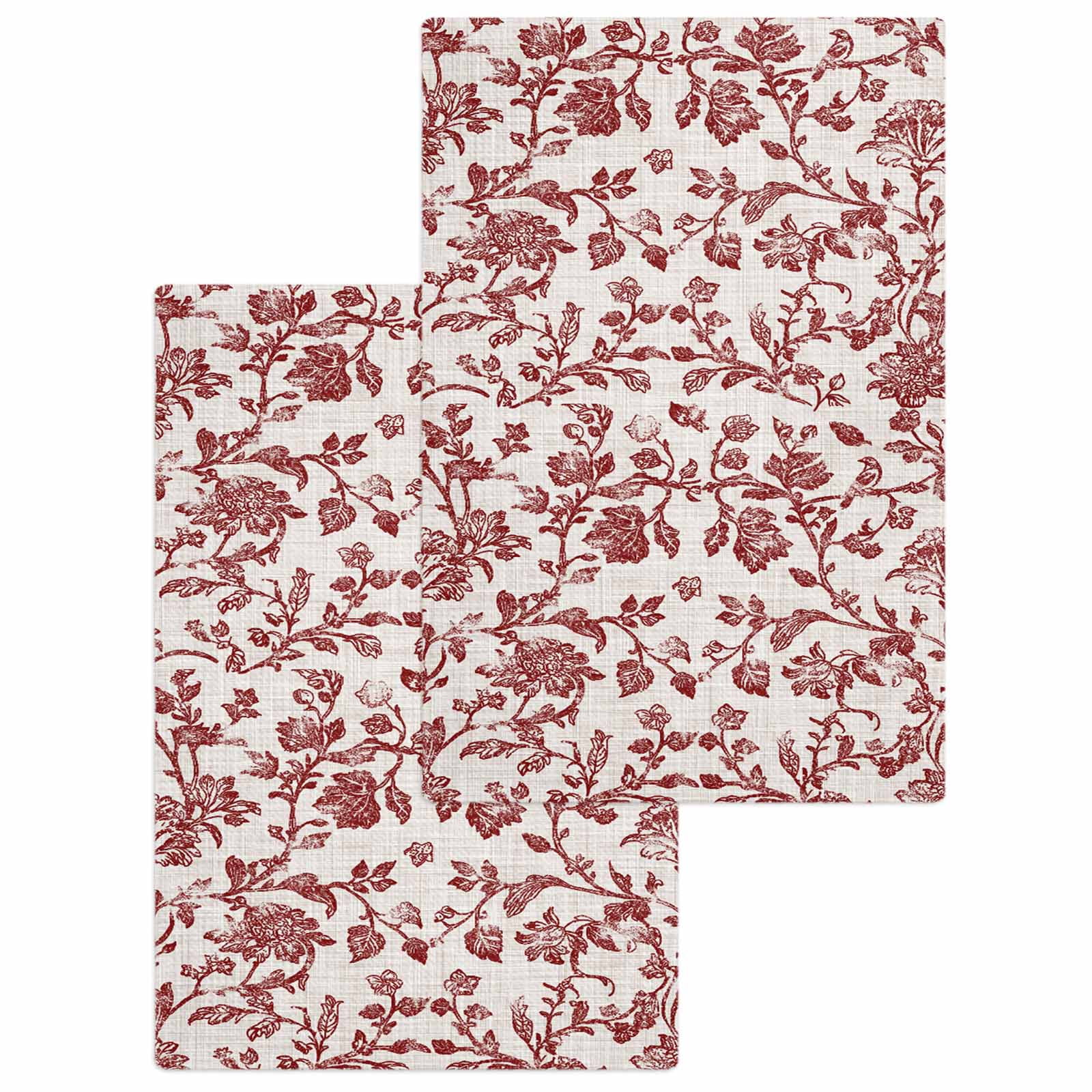 Farmhouse Red Hand Towels Set, Waffle Weave Kitchen Towels 2 Pieces, Vintage Flower Leaf Botanical Plant Microfiber Hair Face Bath Tea Towel Absorbent Quick Drying Cleaning Dish Cloths 15.7"x23.6"