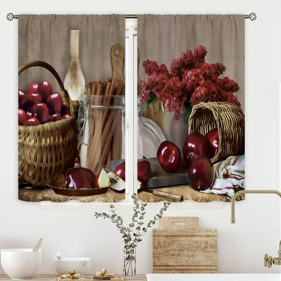 Farmhouse Red Kitchen Curtains 27.5Wx36H Inch Rod Pocket Vintage Apple Fruit Kitchen Decor Rustic Burgundy Flower Cafe Curtains Country Farm Wall Art Small Short Window Drapes Fabric 2 Panels
