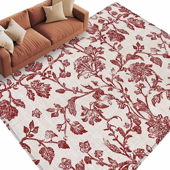 Farmhouse Red Large Area Rugs for Bedroom Living Room, Soft Non Slip Carpet Bedside Rug, Vintage Flower Leaf Botanical Plant Rectangular Floor Cover Kitchen Accent Rug 8'x10' for Dining Room/Office