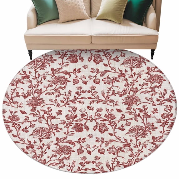 Farmhouse Red Large Area Rugs for Bedroom Living Room, Soft Non Slip Carpet Bedside Rug, Vintage Flower Leaf Botanical Plant Round Floor Cover Kitchen Accent Rug 8' for Dining Room/Office
