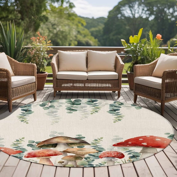 Farmhouse Red Mushrooms 8ft Round Rug for Open Concept Living Room Seating Zone, Green Eucalyptus Leaves Retro Linen Washable Non Slip Large Circle Area Rug