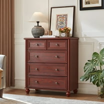 Farmhouse Red Oak Dresser of 5 Drawers, Dresser Chest with Easy Pull Handle for Bedroom, Living Room