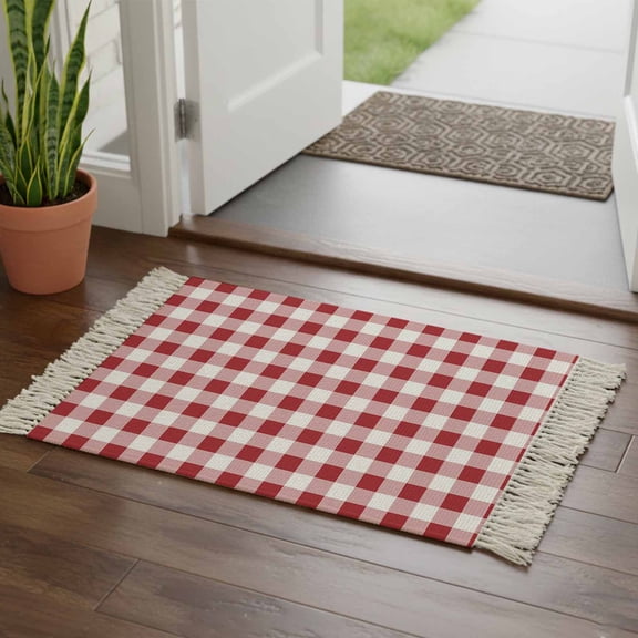Farmhouse Red Plaid Bathroom Rug 2'x3', Rustic Red White Checkered Low Profile Front Entryway Rug with Tassels, Woven Cotton Washable Kitchen Mat Carpet for Foyer Bedroom Back Door Decor