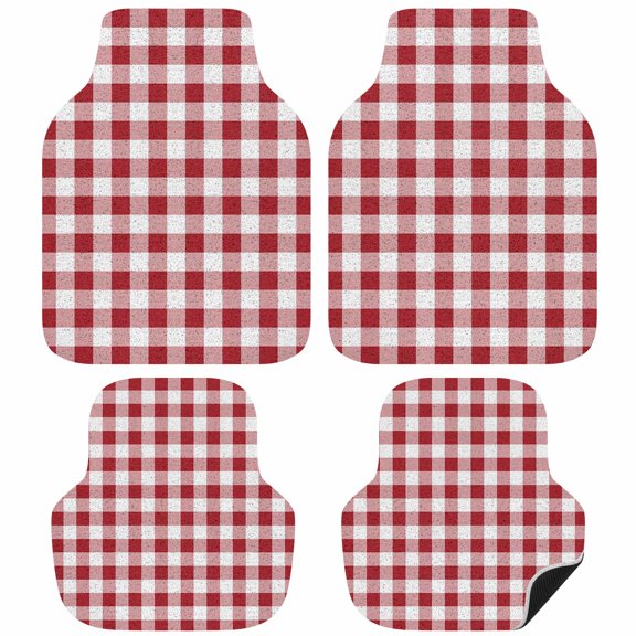 Farmhouse Red Plaid Car Floor Mats 4 Pieces, Front & Rear Auto Carpet Mats Full Set with Rubber Backing, Rustic Red White Checkered Universal All Weather Car Floor Protectors for SUV Truck Van
