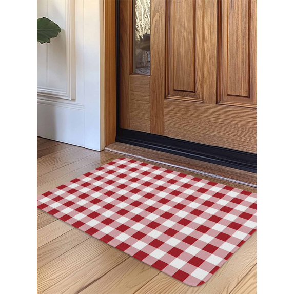 Farmhouse Red Plaid Door Mat Indoor Outdoor Entrance, Non Slip Rug for Kitchen Bathroom Entryway Rug, Rustic Red White Checkered Washable Doormat Floor Mat for Office Home Decor 24x36 Inch