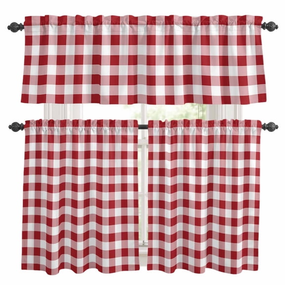 Farmhouse Red Plaid Kitchen Curtains, Kitchen Curtains and Valances Set of 3, Rustic Red White Checkered Light Filtering Tailored Tier Curtain 36 Inch Length Drapes for RV Cafe Bathroom Bedroom