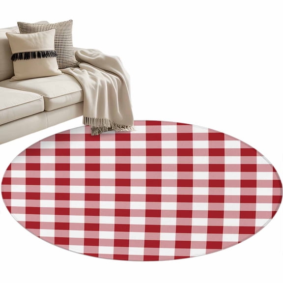 Farmhouse Red Plaid Large Area Rugs for Bedroom Living Room, Soft Non Slip Carpet Bedside Rug, Rustic Red White Checkered Round Floor Cover Kitchen Accent Rug 4' for Dining Room/Office