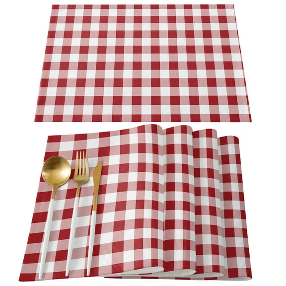 Farmhouse Red Plaid Placemats Set of 6, Rustic Red White Checkered Placemats for Dining Table, Place Mats for Kitchen Tabletop, Waterproof Wipeable Dining Table Mats Set