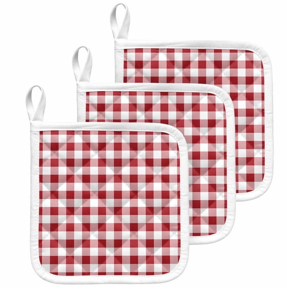 Farmhouse Red Plaid Pot Holders for Kitchen Heatproof Potholder, 3 Pack Rustic Red White Checkered Hot Pads Multipurpose Oven Pads Cloth Potholders Trivet for Cooking Baking