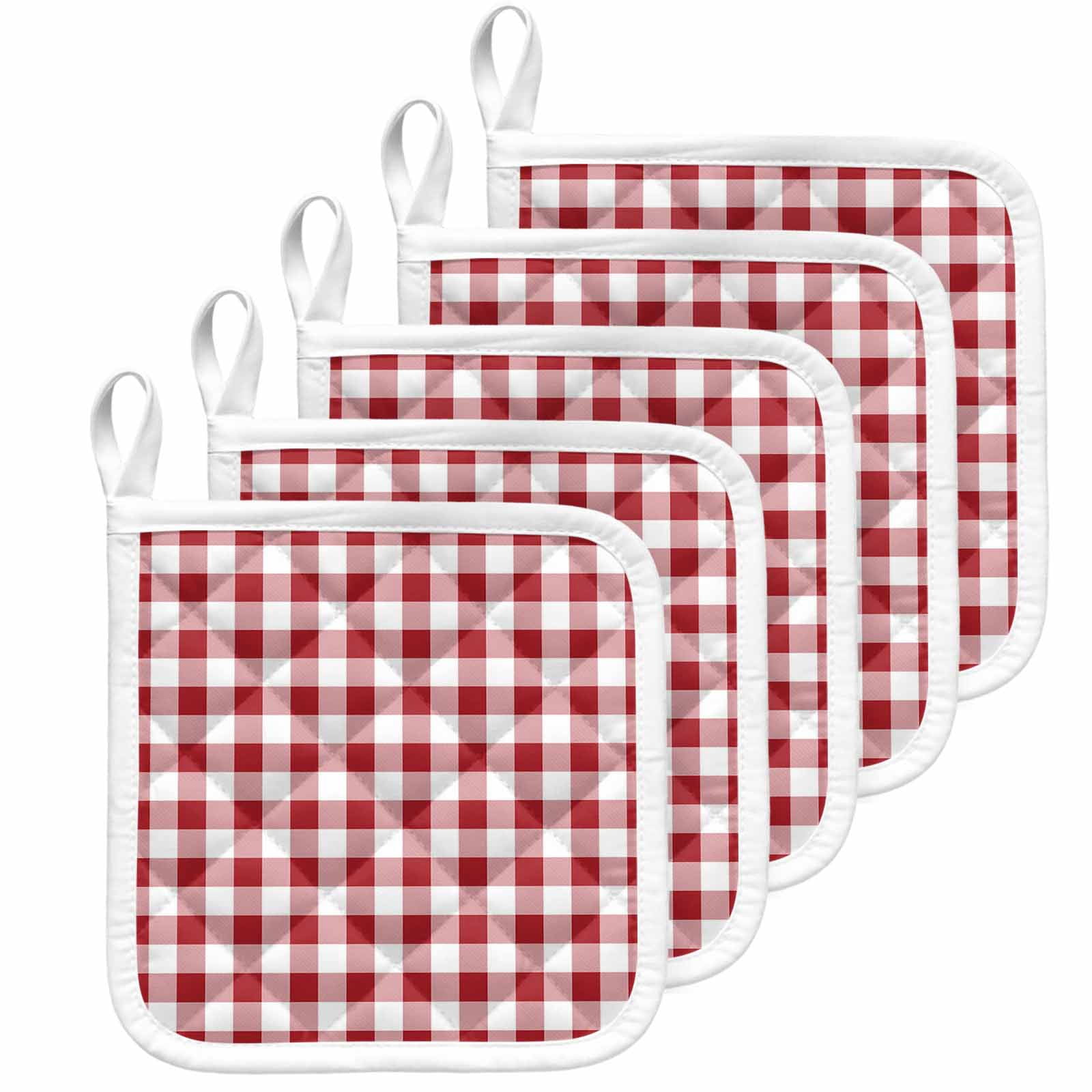 Farmhouse Red Plaid Pot Holders for Kitchen Heatproof Potholder, 5 Pack Rustic Red White Checkered Hot Pads Multipurpose Oven Pads Cloth Potholders Trivet for Cooking Baking