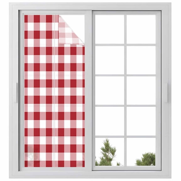 Farmhouse Red Plaid Privacy Window Film, Decorative Frosted Glass Window Film, Rustic Red White Checkered Reusable Peel and Stick Static Cling for Home Bathroom Office Glass Door 23.6"x59"