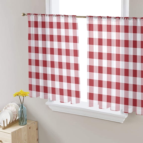 Farmhouse Red Plaid Semi Sheer Curtains 45 Inch Length 2 Panels Set, Rustic Red White Checkered Sheer Kitchen Curtain Privacy Voile Window Curtain for Living Room Bedroom Rod Pocket Drapes