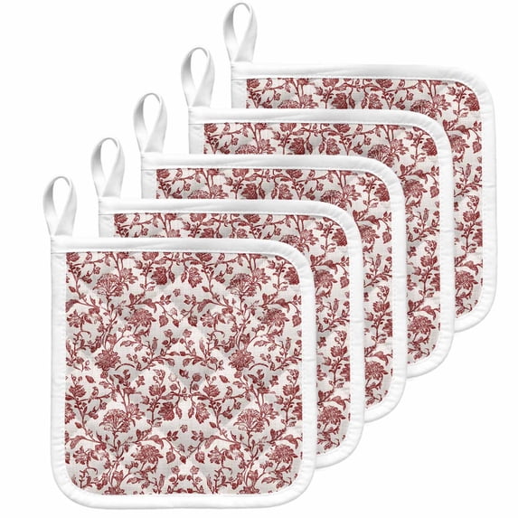 Farmhouse Red Pot Holders for Kitchen Heatproof Potholder, 5 Pack Vintage Flower Leaf Botanical Plant Hot Pads Multipurpose Oven Pads Cloth Potholders Trivet for Cooking Baking