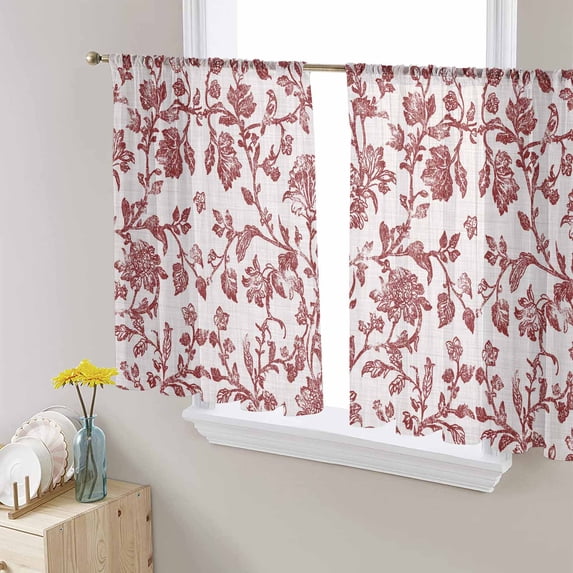 Farmhouse Red Semi Sheer Curtains 45 Inch Length 2 Panels Set, Vintage Flower Leaf Botanical Plant Sheer Kitchen Curtain Privacy Voile Window Curtain for Living Room Bedroom Rod Pocket Drapes