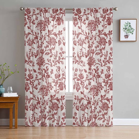 Farmhouse Red Semi Sheer Curtains 72 Inch Length 2 Panels Set, Vintage Flower Leaf Botanical Plant Sheer Kitchen Curtain Privacy Voile Window Curtain for Living Room Bedroom Rod Pocket Drapes